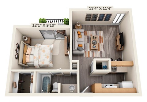 This is a 3D floor plan of a 582 square foot 1 bedroom, 1 bath apartment at Cambridge Court Apartments in Dallas, TX.